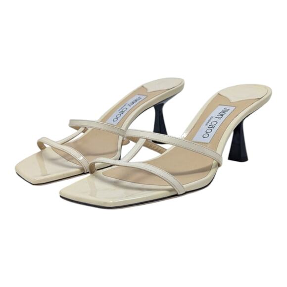Jimmy Choo Ria 65 square toe mule slide strappy sandal cream black patent 37.5 - Picture 2 of 13